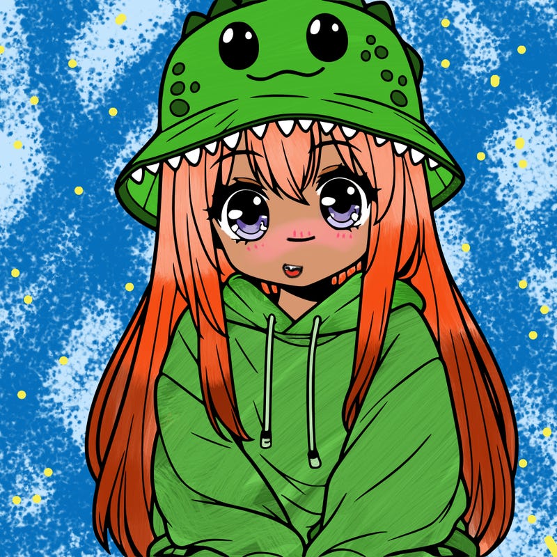 girl with anime shaped eyes with a dinosaur bucket hat oversized sweatshirt long straight hair
