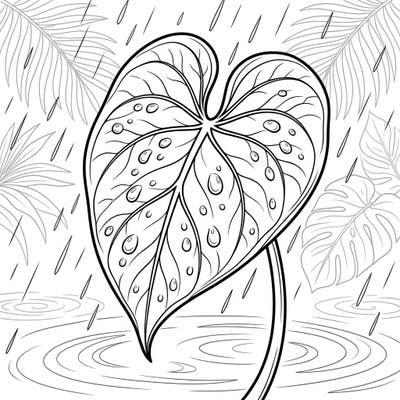 Find tranquility and artistic inspiration with this beautiful anthurium leaf coloring page, perfectly capturing a serene rainy day. Each glossy, heart-shaped leaf is adorned with shimmering raindrops, ready for your creative touch.