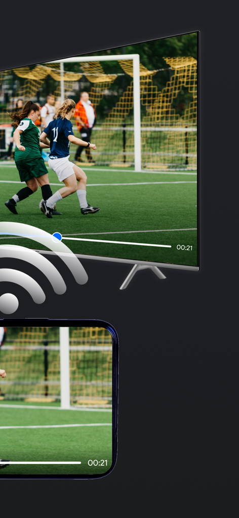 Schermo iPhone che rispecchia una partita di calcio dal vivo su una smart TV utilizzando Smart View TV Cast
