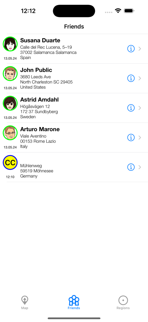 OwnTracks - OwnTracks app friends screen showing a list of contacts with their current addresses and last update times
