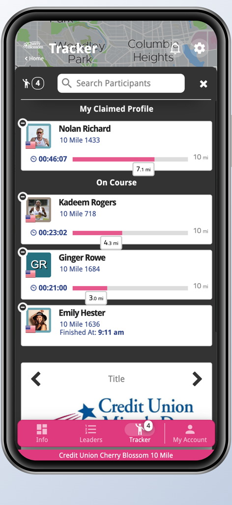 Cherry Blossom 10 Mile & 5K - Echtzeit-Läufertracker, der Fortschritt und Split-Zeiten für mehrere Athleten anzeigt