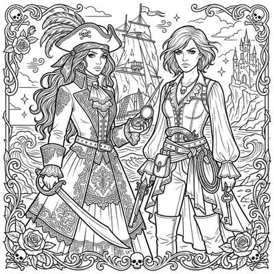 Dive into a world of daring adventure and dark romance with this stunning Gothic Female Pirates coloring page. Unleash your creativity on intricate Victorian attire, mysterious characters, and dramatic seascapes.