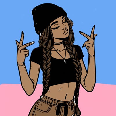 realistic teenage girl with braids and a beanie and crop top doing 🫶🏼