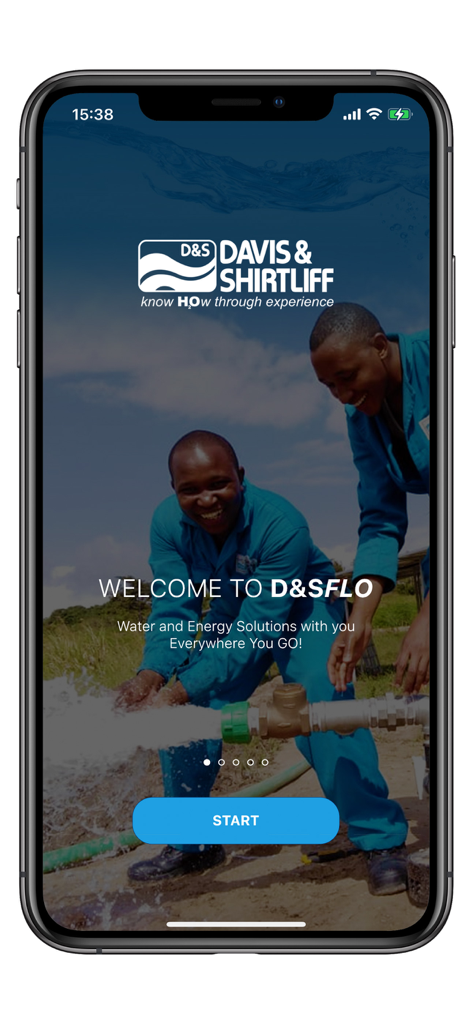 D&S FLO mobile app welcome screen featuring water and energy solutions