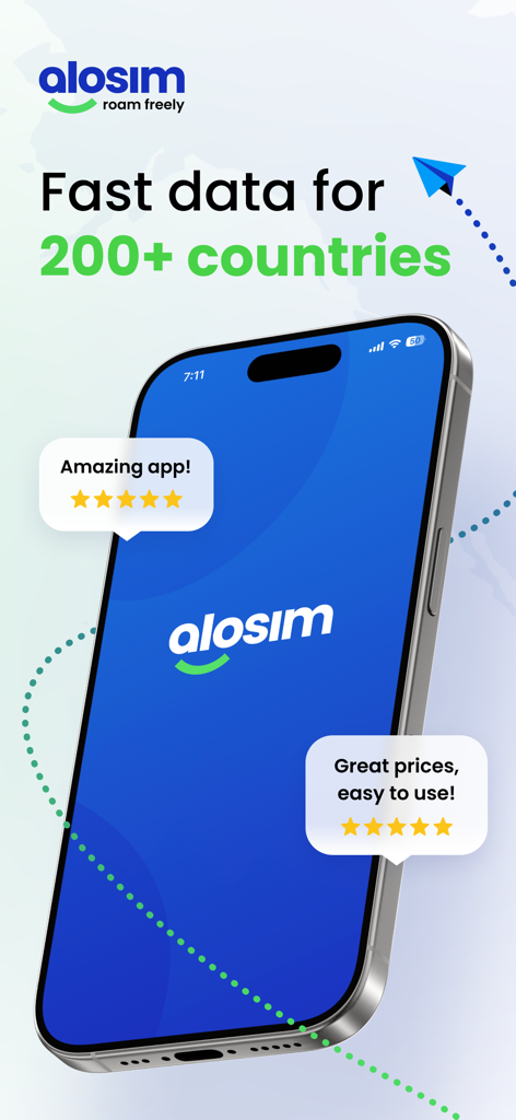 aloSIM: 5G Prepaid Travel eSIM - Schermata promozionale dell'app aloSIM che evidenzia dati 5G veloci in oltre 200 paesi con recensioni positive degli utenti