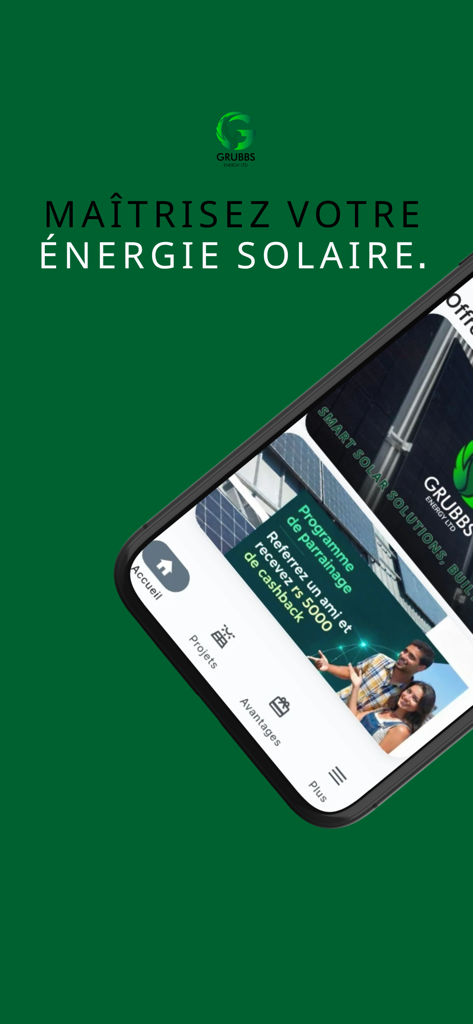 Grubbs Energy - Grubbs Energy mobile application home screen displaying solar energy solutions and referral program