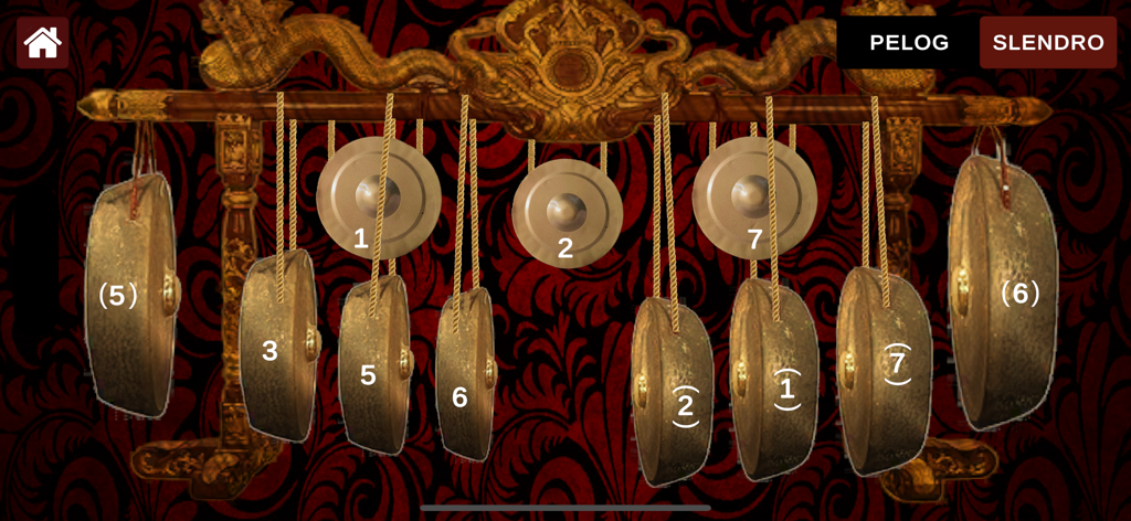 Interfaz de la aplicación Real Gamelan con gongs tradicionales indonesios