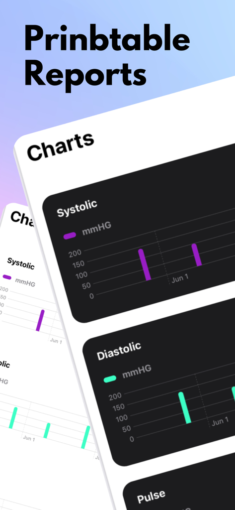 Blood Pressure Tracker° - Aplicación Rastreador de Presión Arterial mostrando informes imprimibles y gráficos de salud para lecturas sistólicas y diastólicas