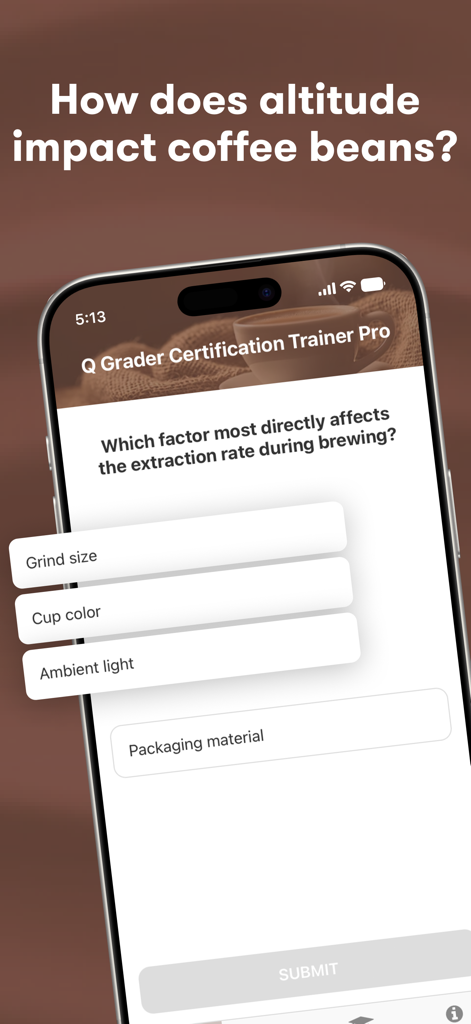 Quiz question about coffee extraction on the Q Grader Trainer Pro app