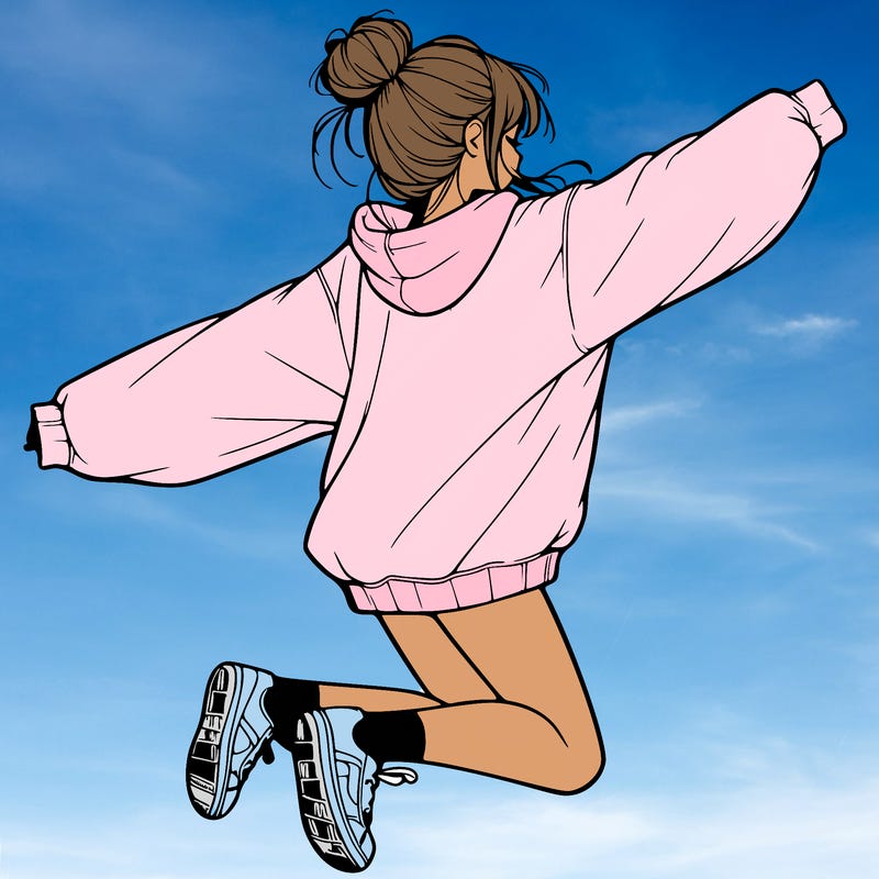 realistic girl jumping with a bun and oversized sweatshirt
