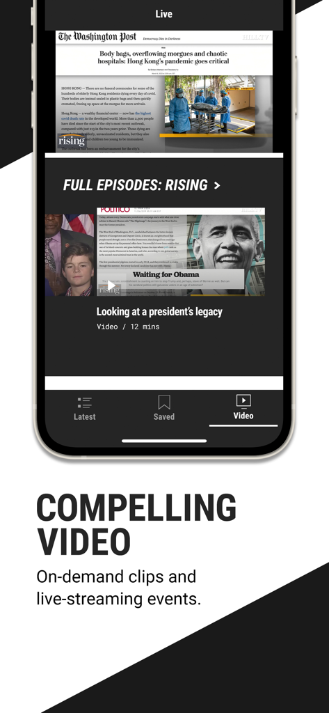The Hill - Ein Screenshot der mobilen App von The Hill, der den Videobereich mit On-Demand-Clips und politischen Talkshow-Episoden anzeigt.