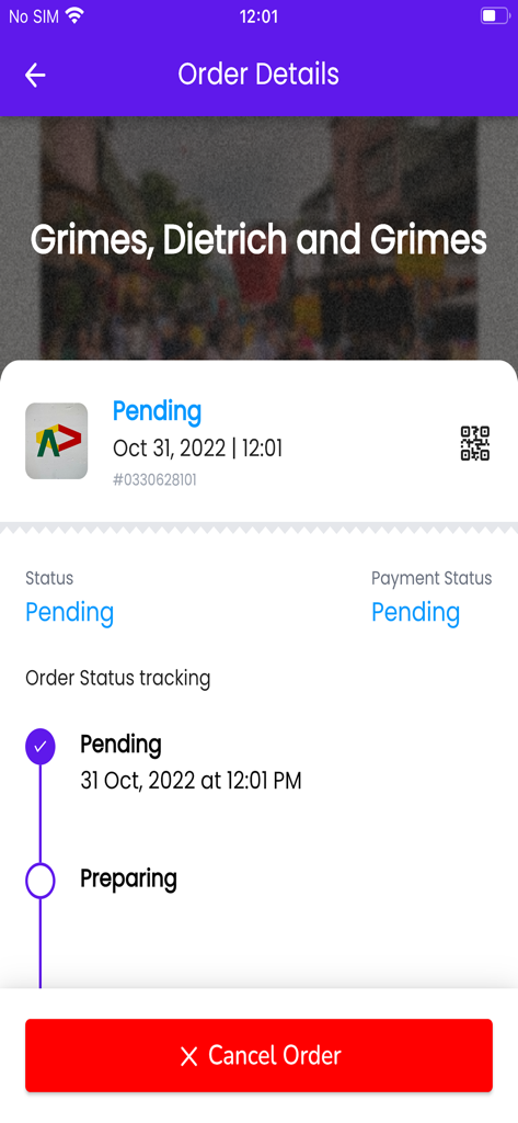 Pantalla de detalles del pedido de la aplicación Glover que muestra un estado pendiente y la línea de tiempo de seguimiento del pedido.