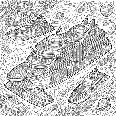 Explore the boundless universe aboard magnificent luxury space liners with this captivating adult coloring page. Dive into intricate details of futuristic vessels and celestial wonders, perfect for a relaxing creative escape.