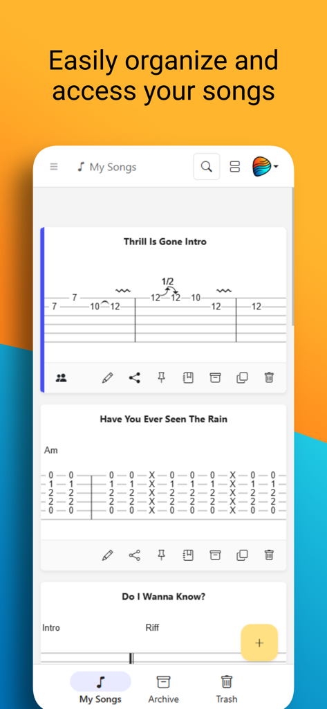 My Guitar Tabs - Mobile app screen showing a digital notebook of organized guitar tabs