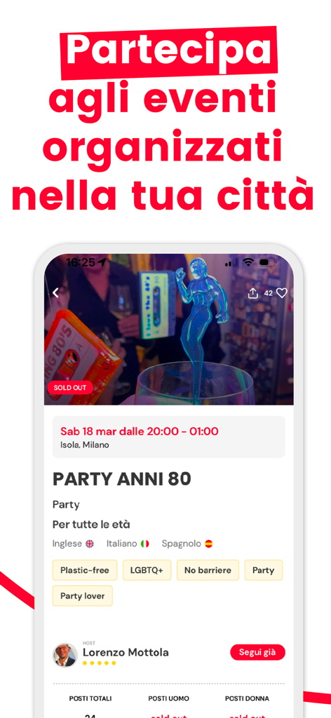 comehome! - Screen of the comehome app displaying details for an 80s themed party in Milan.
