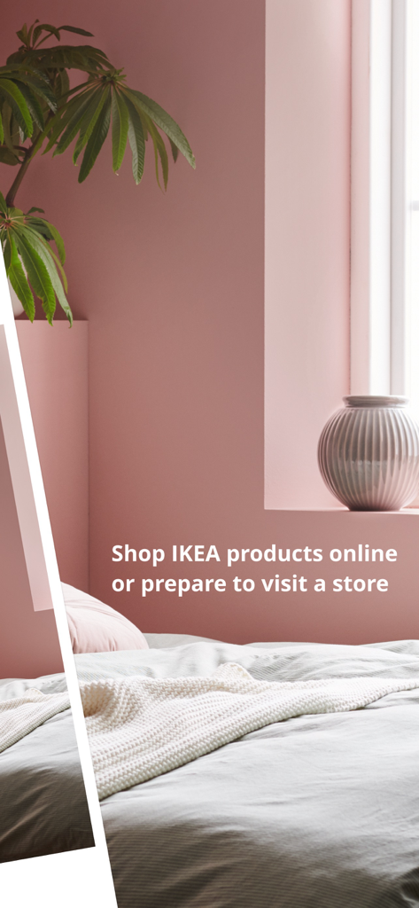 IKEA app screen featuring a cozy pink bedroom and text about shopping online or visiting a store.