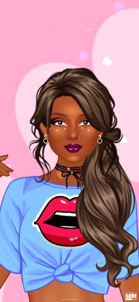 Girl Dress Up Games Offline - A trendy girl character with long brown hair, face glitter, and a blue lip-print shirt in a fashion dress-up game.