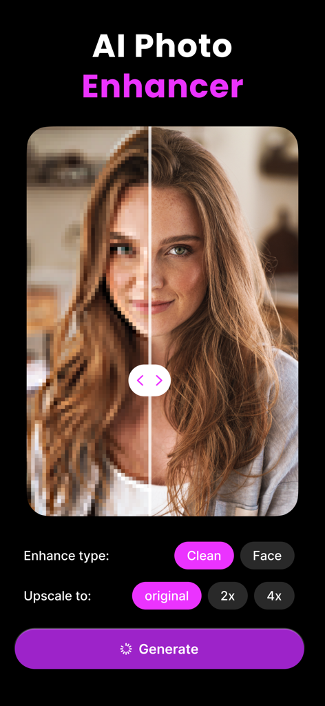 A before and after split comparison showing a blurry photo becoming a sharp portrait using AI photo enhancer.