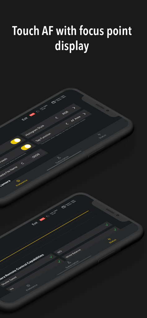 Interfaz de la aplicación Monitor plus en dos smartphones mostrando los ajustes de enfoque automático táctil y control remoto de la cámara
