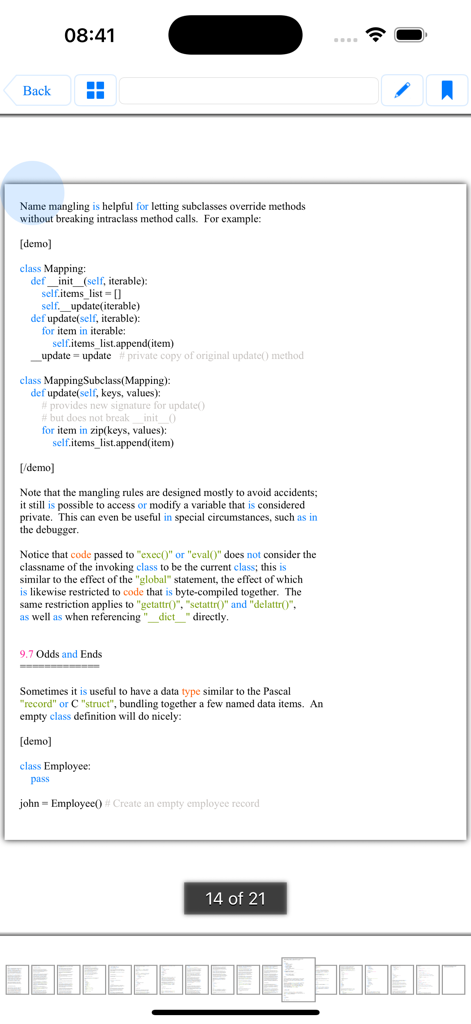 Mobile interface showing a Python programming tutorial with code examples for classes and name mangling.