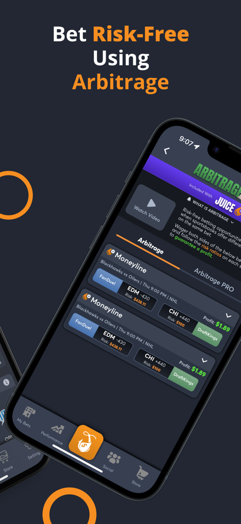 Interface de l'application Juice Reel montrant des opportunités de paris d'arbitrage sans risque avec des calculs de profit sur différents sites de paris sportifs