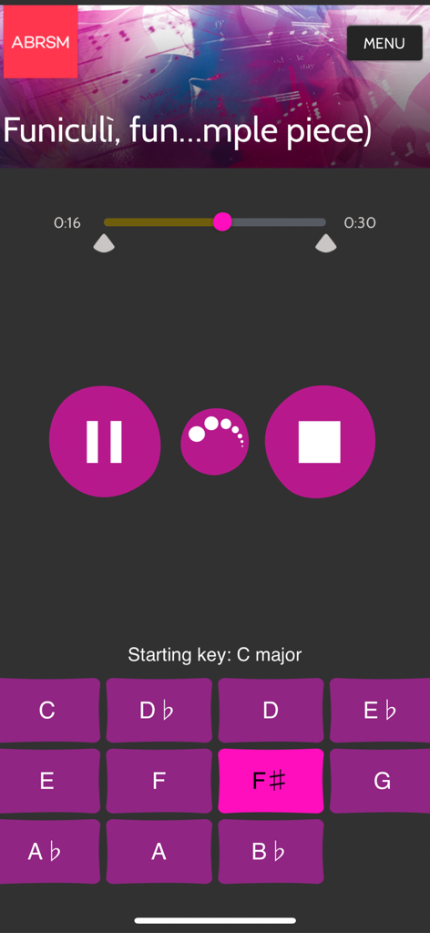 ABRSM Singing Practice Partner - Interface of the ABRSM Singing Practice Partner app showing playback controls and options to change the song key