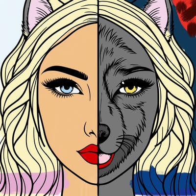 split face realistic woman and wolf
