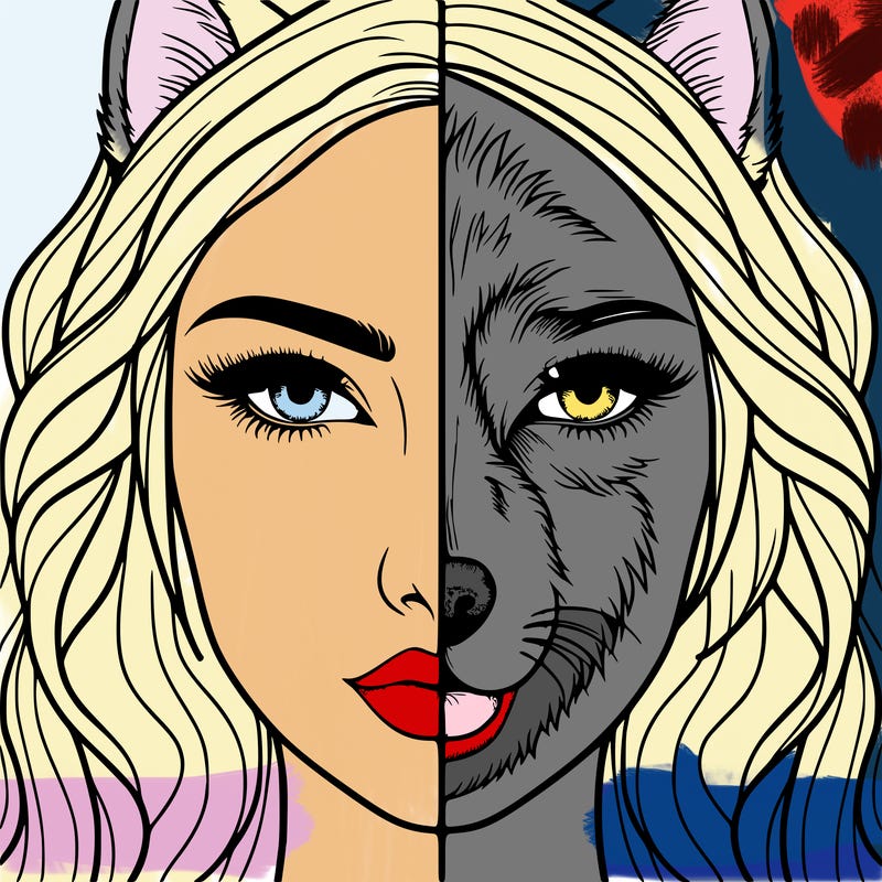 split face realistic woman and wolf