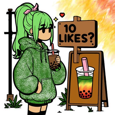 girl with oversized hoodie drinking boba and she has a high ponytail with a sign that says 10likes?