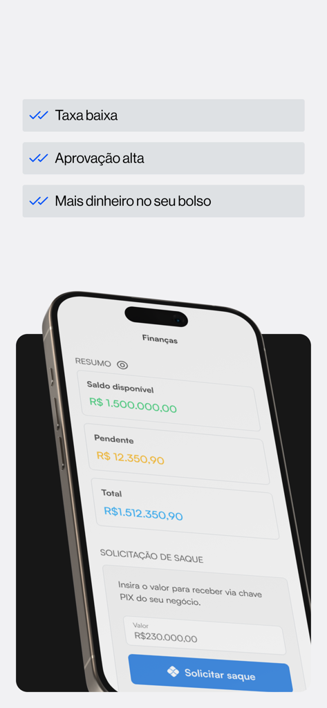 Tela móvel do aplicativo Kirvano mostrando o saldo disponível e o recurso de solicitação de saque