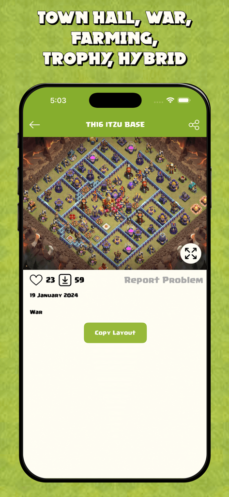 Map Layout for Clash of Clans - A Town Hall 16 war base layout in the Map Layout for Clash of Clans app with a copy button