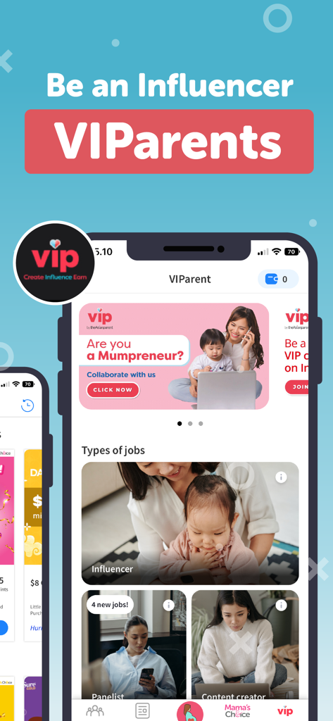 Tela VIParents no aplicativo Asianparent mostrando oportunidades de trabalho para influenciadores e criadores de conteúdo para mães.