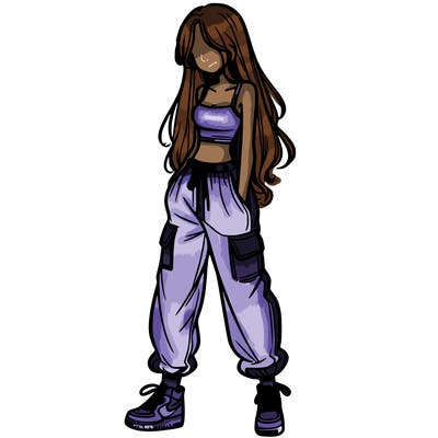 girl in baggy pants crop top and long hair