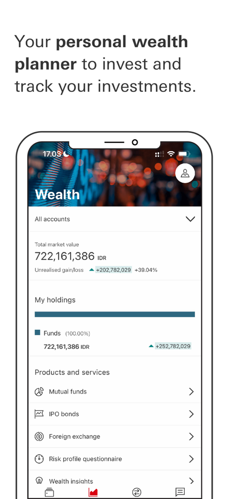 投資ポートフォリオと投資信託オプションを表示するHSBCインドネシアアプリのウェルスマネージメントダッシュボード