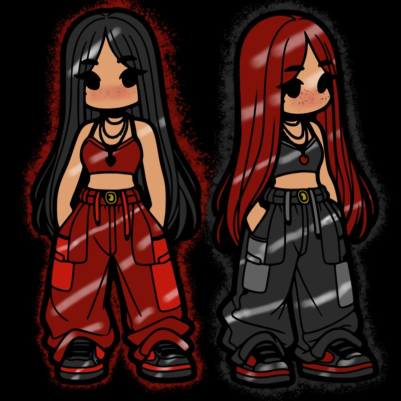 girl in baggy pants crop top and long hair