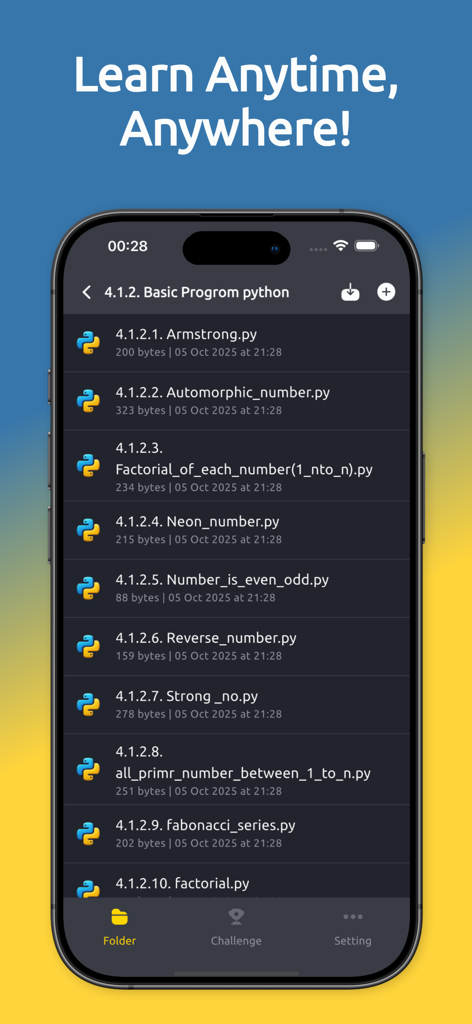 Python Coding Editor 3 IDE App - Una lista de archivos de script de Python en la aplicación móvil Python Coding Editor