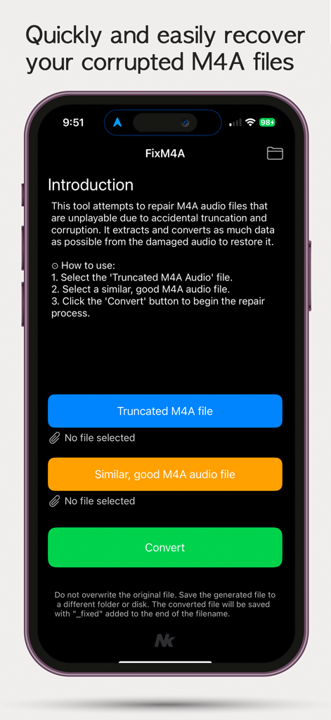 FixM4A - FixM4A app screen showing how to recover corrupted M4A files