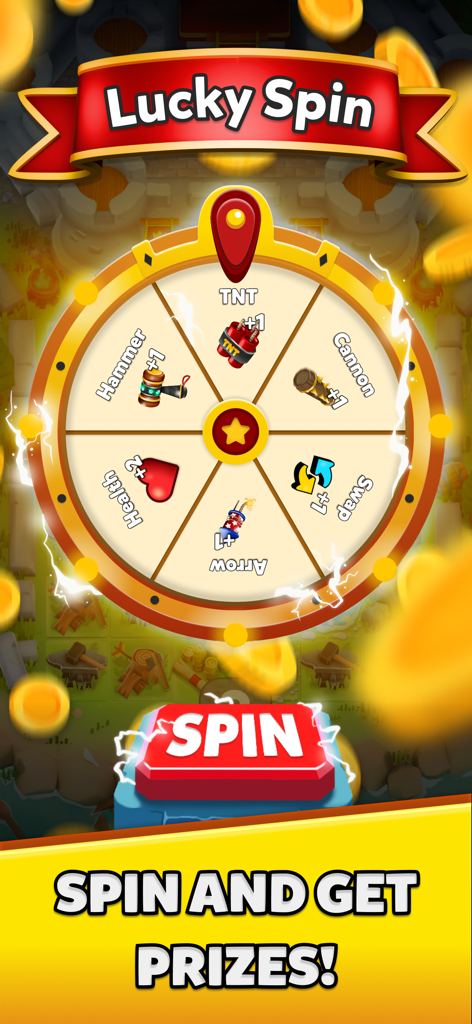 A lucky spin wheel in the Match Lord Tower Defense game showing various in-game prizes like weapons and health