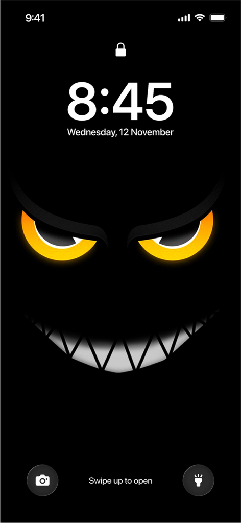Silly Smiles Live Wallpapers - iPhone lock screen featuring a dark aesthetic wallpaper with glowing yellow eyes and a sharp toothy grin