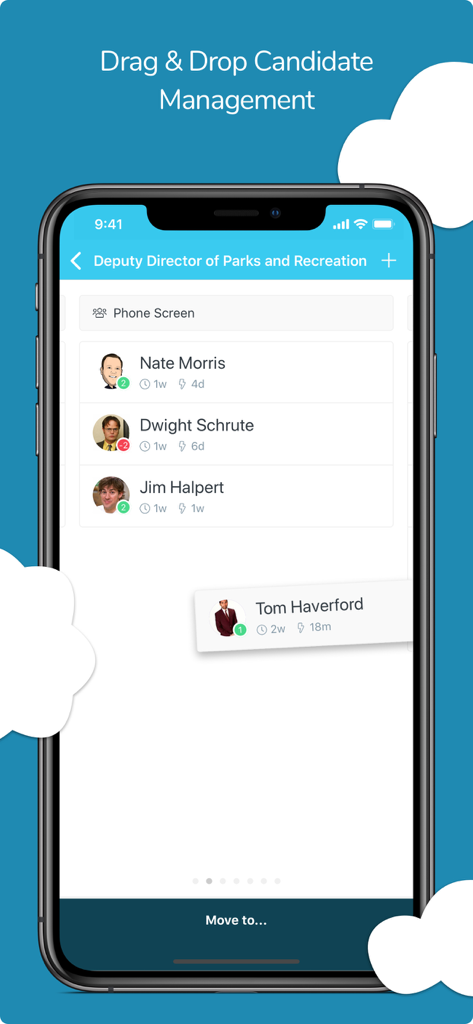 Smartphone screen showing Breezy HR app with drag and drop candidate management for a job opening