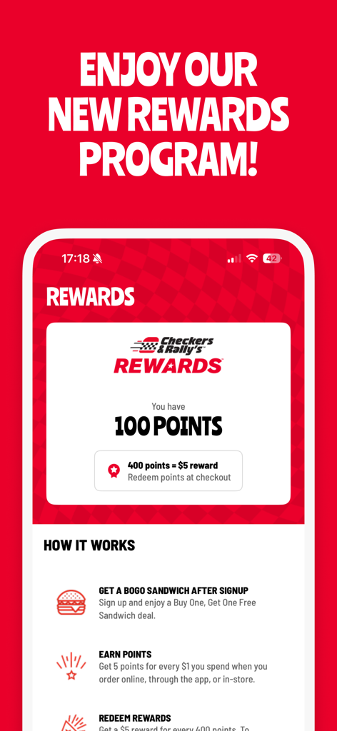 Checkers & Rally's - Checkers and Rallys rewards program screen displaying points and how to earn rewards