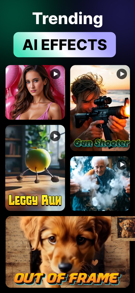 A collection of trending AI video effects including a running apple and a puppy coming out of a photo frame.