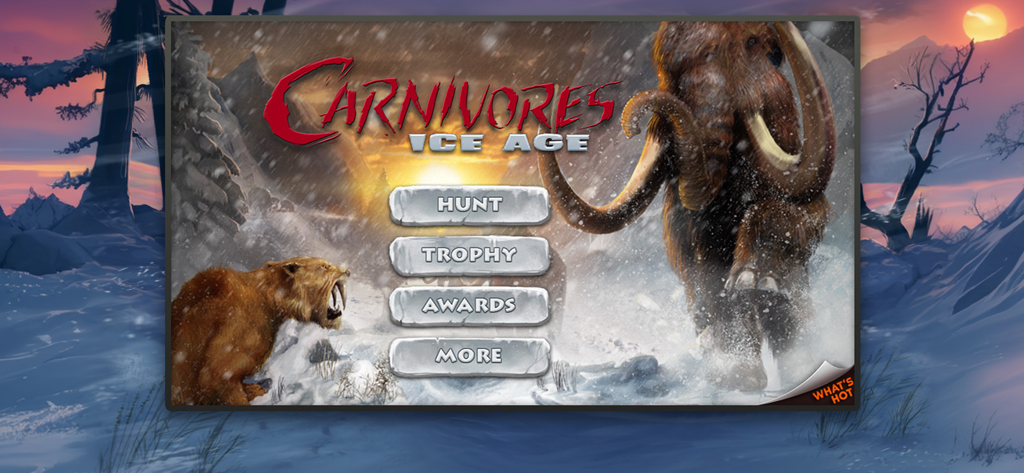 Carnivores: Ice Age - Main menu of Carnivores Ice Age game featuring a woolly mammoth and sabre-toothed tiger in a snowy landscape.