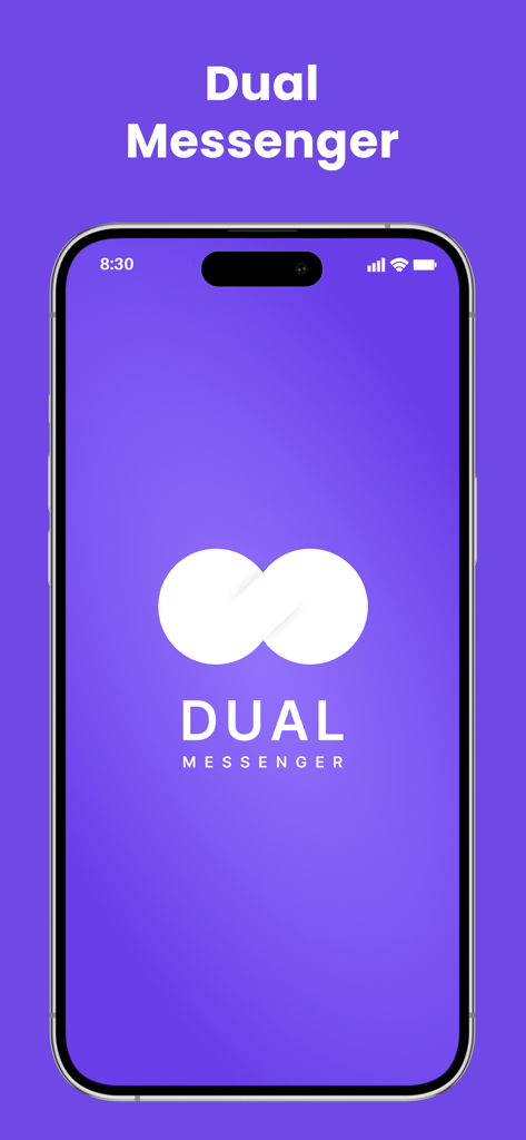 Pantalla de presentación de Dual Messenger en un iPhone mostrando el logo de la aplicación sobre un fondo morado.