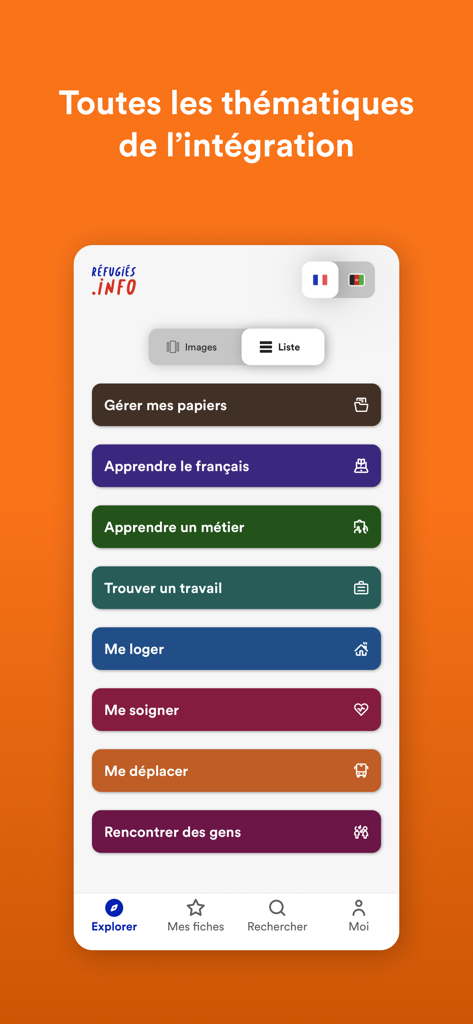 Réfugiés.info - Refugies info mobile app interface showing integration themes for refugees in France including work housing and administration