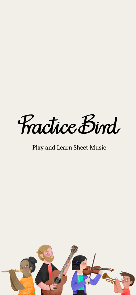 Practice Bird app splash screen featuring the logo and an illustration of musicians playing different instruments