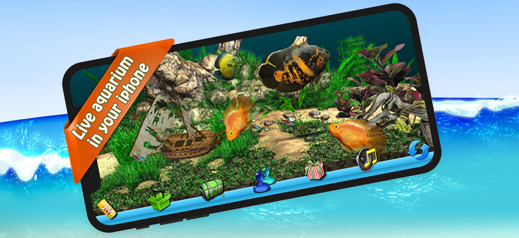 AquaLife 3D - A mobile screenshot of AquaLife 3D showing a vibrant virtual aquarium with exotic fish and a shipwreck decoration on an iPhone