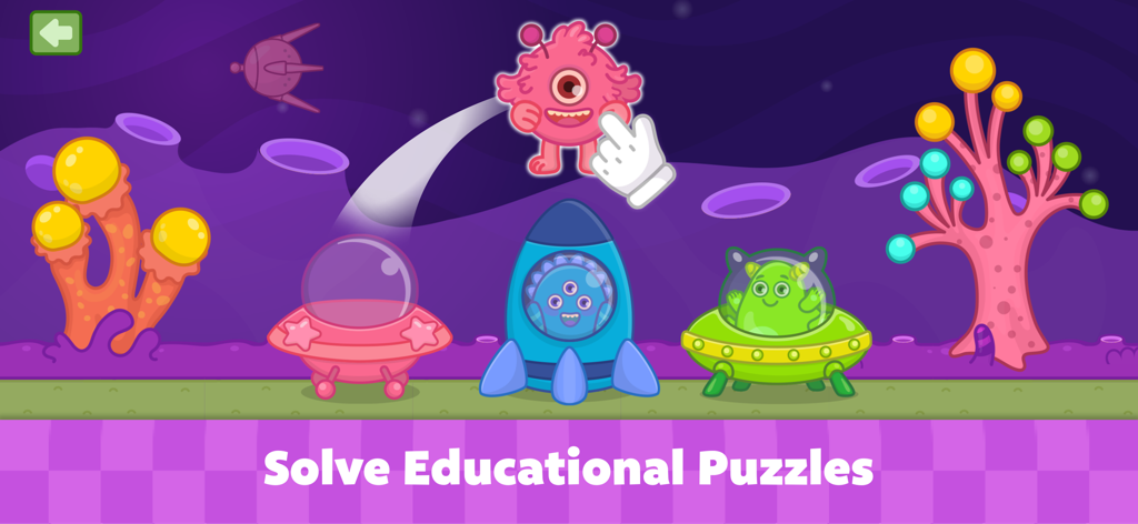 A space-themed educational puzzle for toddlers featuring colorful aliens and spaceships in the Bimi Boo car games app