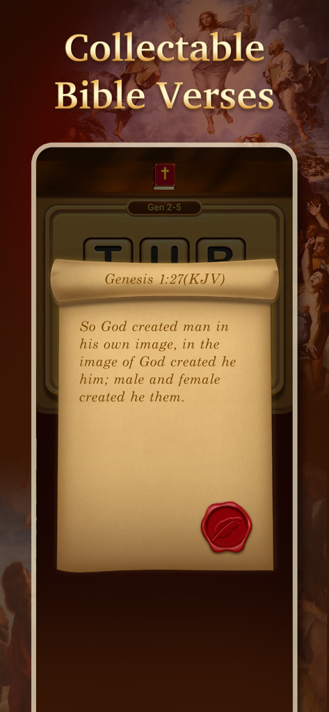 A mobile game screen showing a collectable Bible verse from Genesis on a decorative scroll.