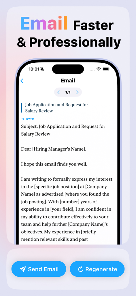 AI Writing Assistant Raytr app interface showing a professional email draft for a job application